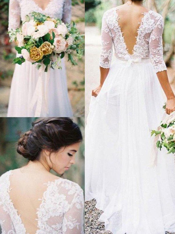 Lace Chiffon V-neck Floor Length Bridal Gowns | Half Sleeve Appliques Sexy Wedding Dresses-newarrivaldress