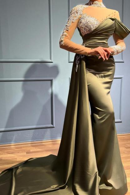 Stunning High Neck Off Shoulder Crystals Ruched Satin Long Evening Gown with Sleeves-newarrivaldress