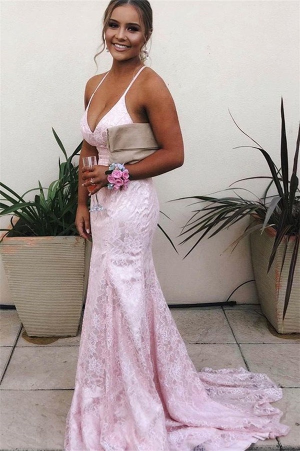 Elegant Pink Spaghetti-Straps Lace Backless Mermaid Prom Dresses-newarrivaldress