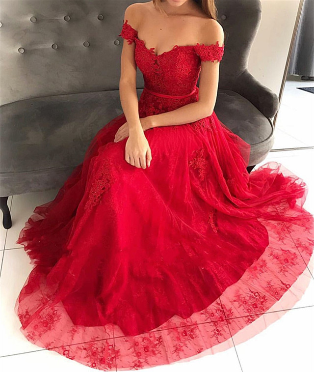Glamorous Off-the-Shoulder Lace Appliques Tulle A-Line Floor-Length Prom Dresses-newarrivaldress