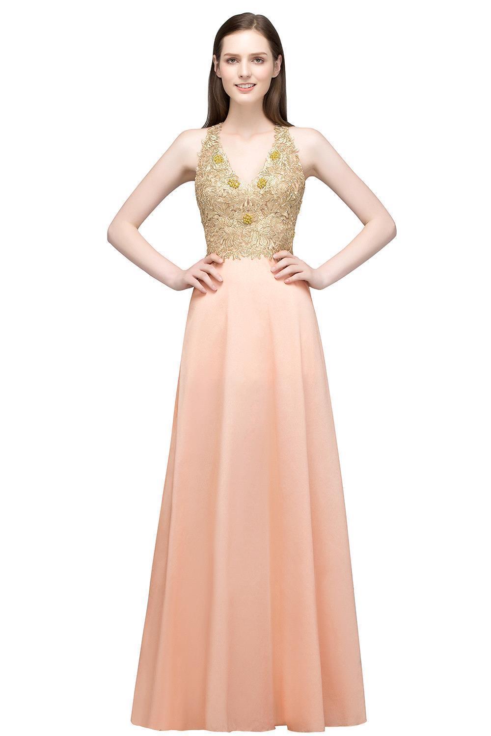 RENA | A-line Floor Length Spaghetti V-neck Appliqued Chiffon Bridesmaid Dresses-newarrivaldress
