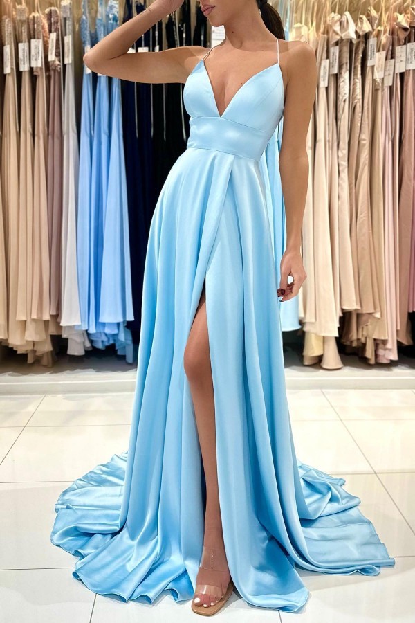 Halter Sky Blue Front Split Evening Dress V-Neck Satin Floor Length Formal Dresses-newarrivaldress