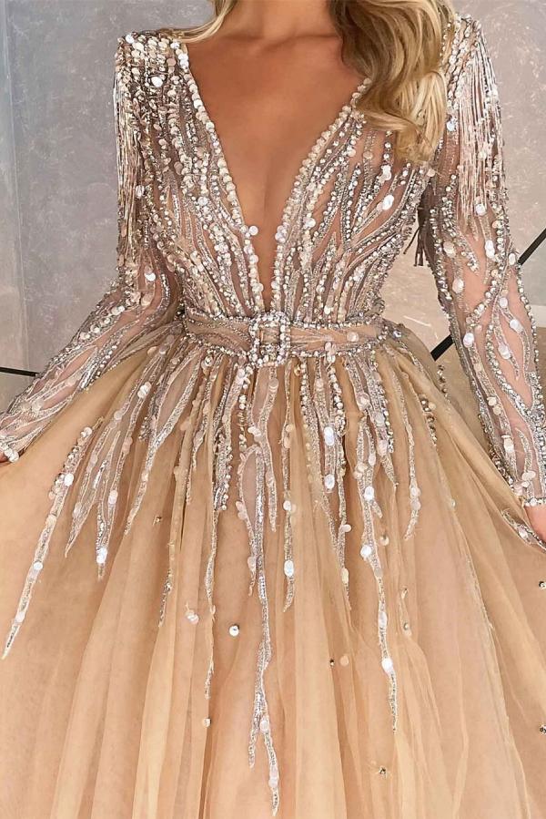 Stunning Aline Long Sleeves Evening Dress Sparkly Crystals V-Neck Party Gown-newarrivaldress