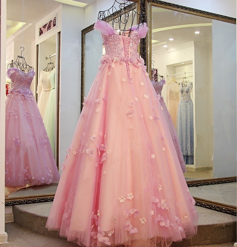 Ball Gown Tulle Off-The-Shoulder Floor-Length Applique Prom Dresses-newarrivaldress