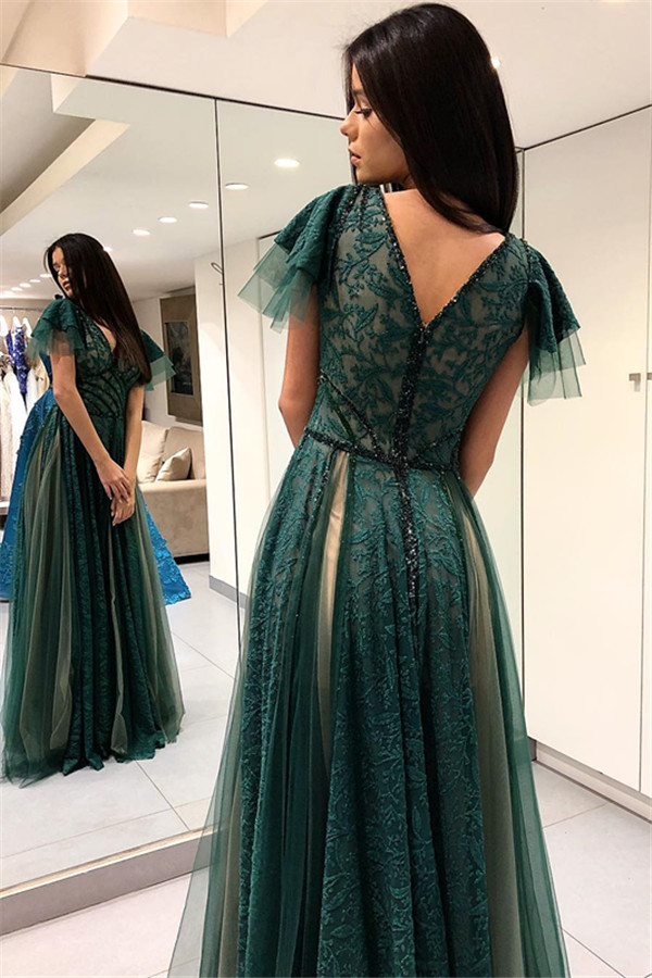 Green A-line Short Sleeves Prom Dresses | V-Neck Lace Prom Dresses-newarrivaldress