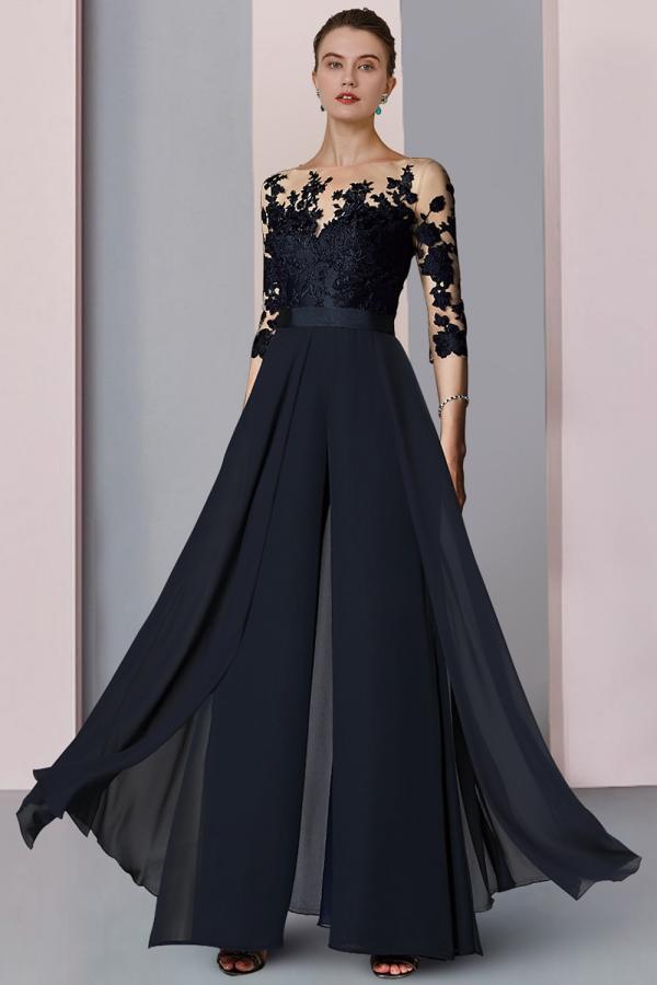3/4 sleeves Chiffon Mother of the bride Dress Lace Appliques Ankle Length Wedding Guest Dress-newarrivaldress