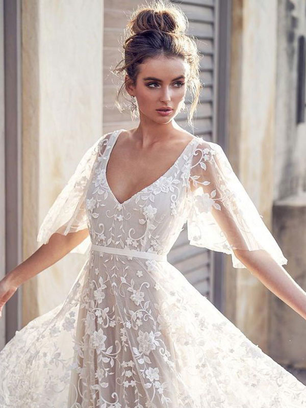 White Lace Wedding Dress V Neck A-Line Wedding Dress Short Sleeves Backless Bridal Dresses-newarrivaldress