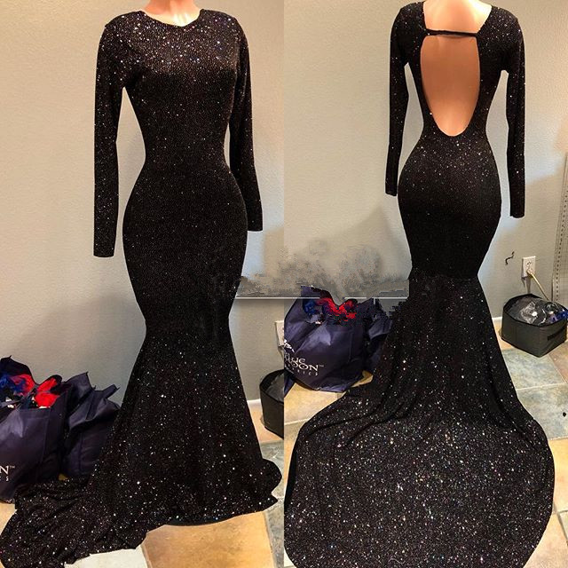 Sparkling Black Long Prom Dresses for Junior | Long Sleeve Open Back Mermaid Formal Evening Gowns BA9023-newarrivaldress