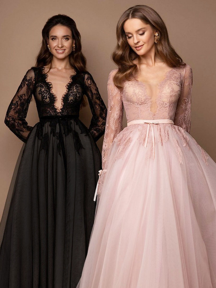 Black Wedding Dress With Train A-Line V-Neck Long Sleeves Lace Sweep Tulle Lace Bridal Gowns-newarrivaldress