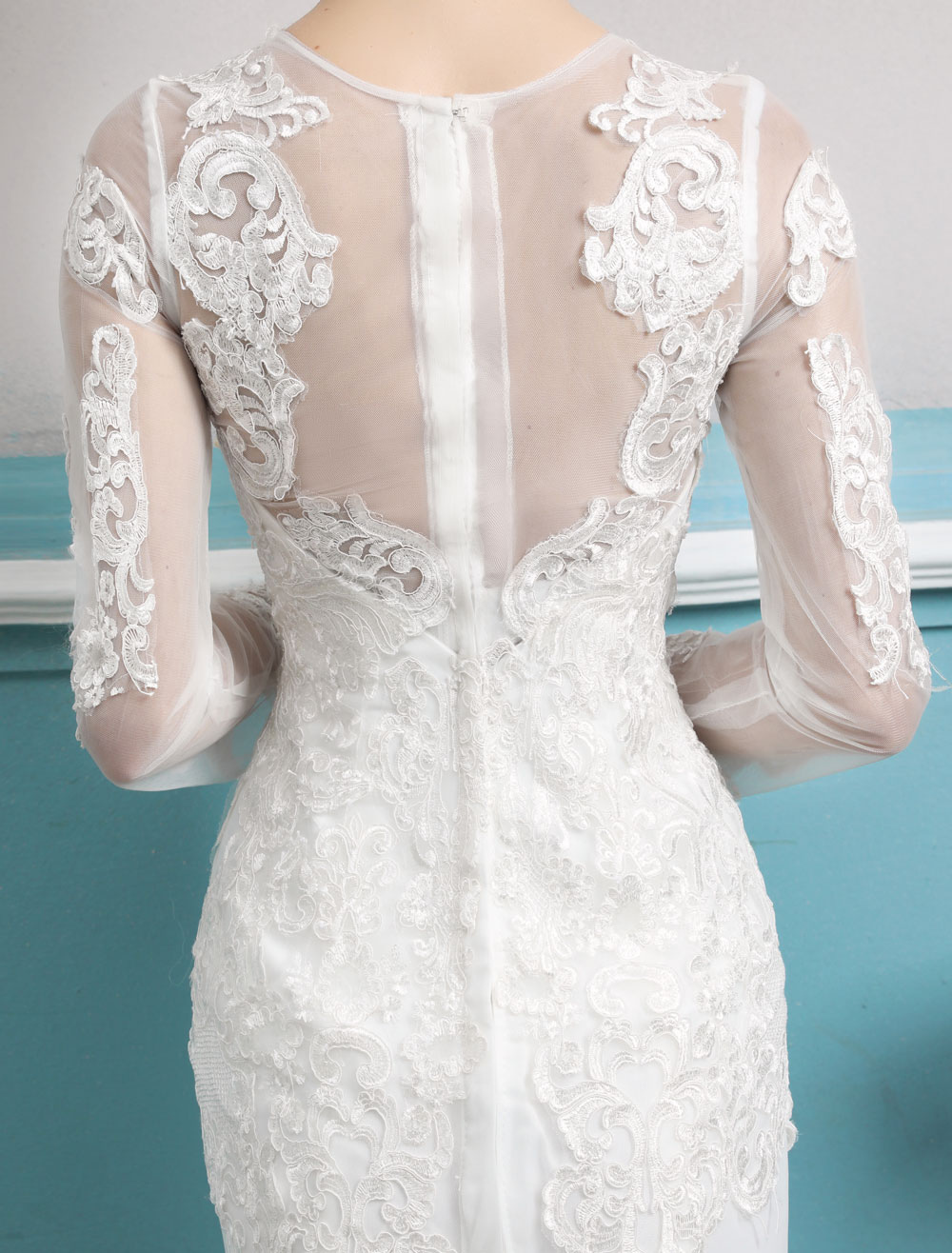 Mermaid Wedding Dresses Long Sleeve Ivory Lace Illusion Train Bridal Gowns-newarrivaldress