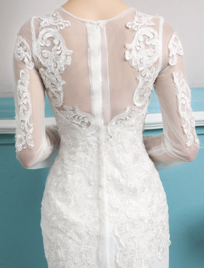 Mermaid Wedding Dresses Long Sleeve Ivory Lace Illusion Train Bridal Gowns-newarrivaldress