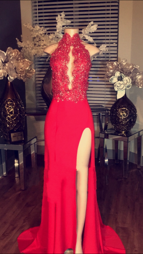 2021 Red Chiffon Prom Dresses Keyhole High Neck Lace Appliques Side Split A-line Formal Gowns-newarrivaldress