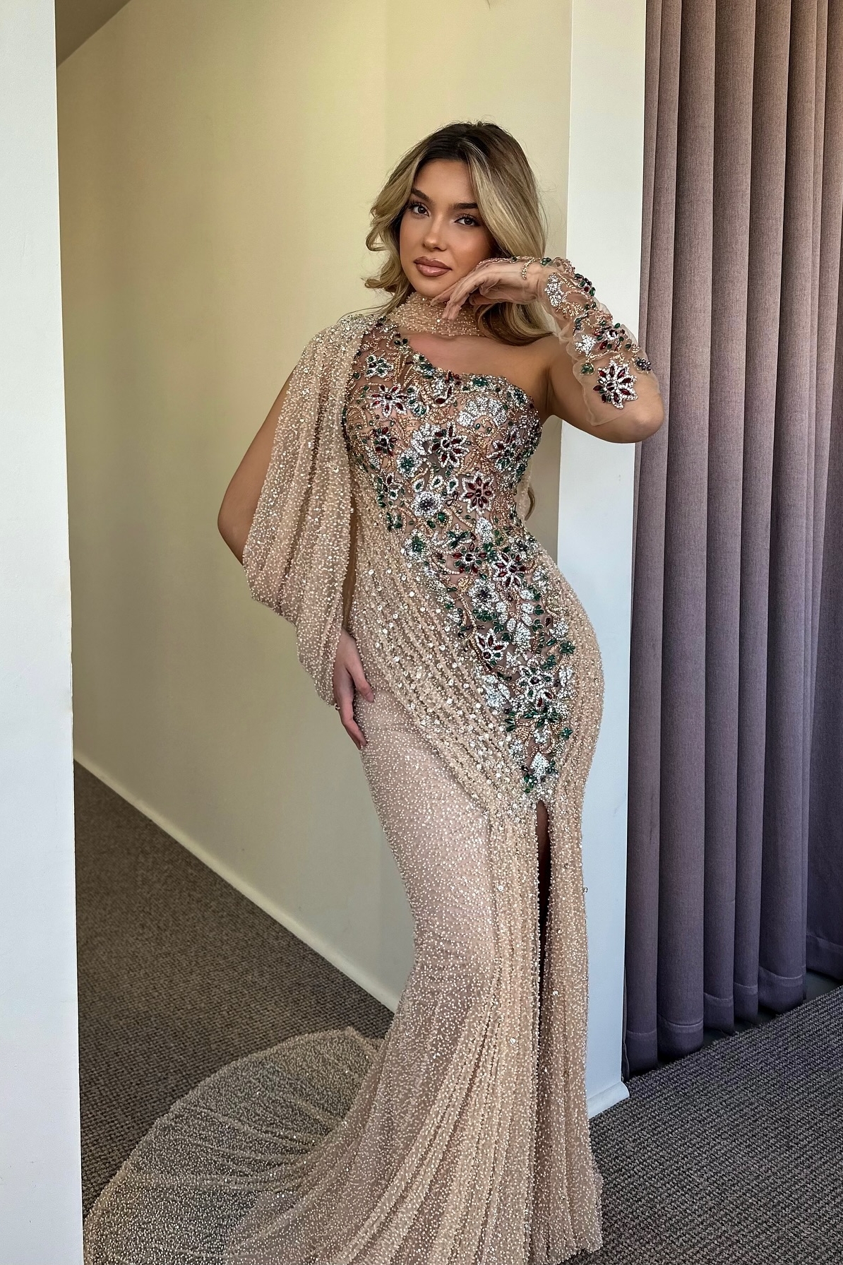 Gorgeous Front Split Sequins Long Prom Dress with Glitter Flowers-newarrivaldress