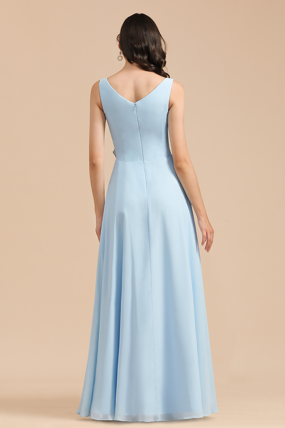 Sleeveless V-Neck Ruffle Chiffon ALine Bridesmaid Dress Simple Wedding Guest Dress