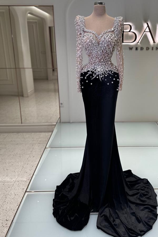Luxury Glitter Pearls Long Prom Dress Satin Mermaid Evening Gown with Crystals-newarrivaldress