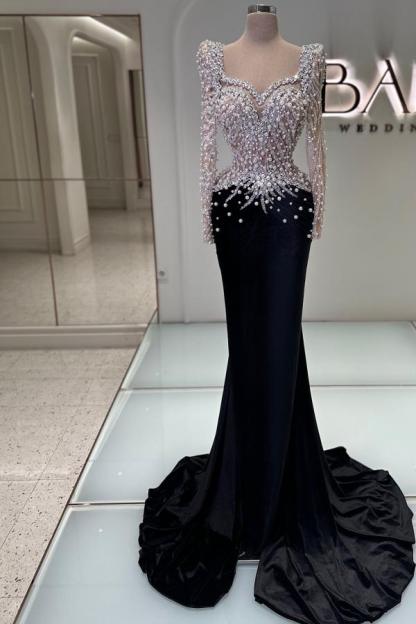 Luxury Glitter Pearls Long Prom Dress Satin Mermaid Evening Gown with Crystals-newarrivaldress
