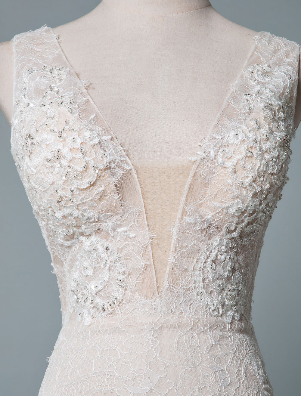 Simple Wedding Dress Lace A Line V Neck Sleeveless Beaded Floor Length Feather Bridal Gowns-newarrivaldress