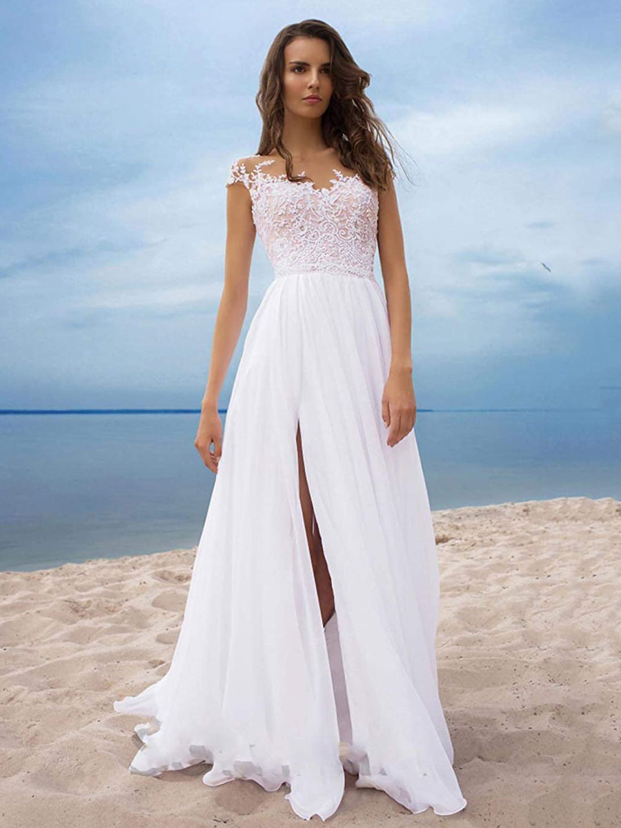 Boho Wedding Dresses 2021 Chiffon V Neck Short Sleeves A Line Split Front Bridal Dresses For Beach Wedding-newarrivaldress
