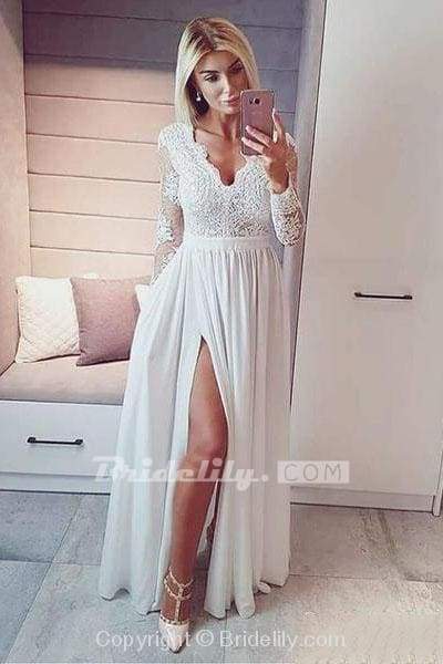 Royal Blue V Neck Long Sleeve Prom Floor Length Split Evening Dress with Lace-newarrivaldress