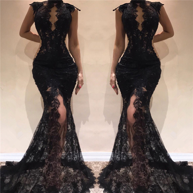 High Neck Lace Black Prom Dresses | Sleeveless Front Slit Long Evening Dresses Online-newarrivaldress