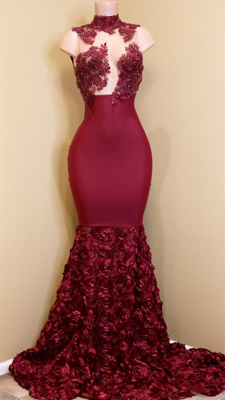 Modest High Neck Lace Flowers Prom Dresses | Burgundy Prom Dresses-newarrivaldress