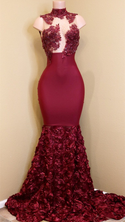 Modest High Neck Lace Flowers Prom Dresses | Burgundy Prom Dresses-newarrivaldress
