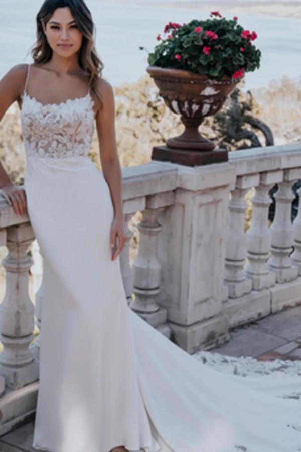 Elegant White Floral Lace Mermaid Wedding Dress Spaghetti Straps Long Bridal Dress-newarrivaldress