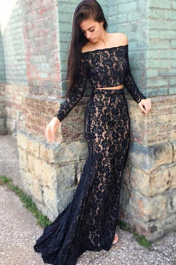 Black lace prom dress,two piece evening dress-newarrivaldress