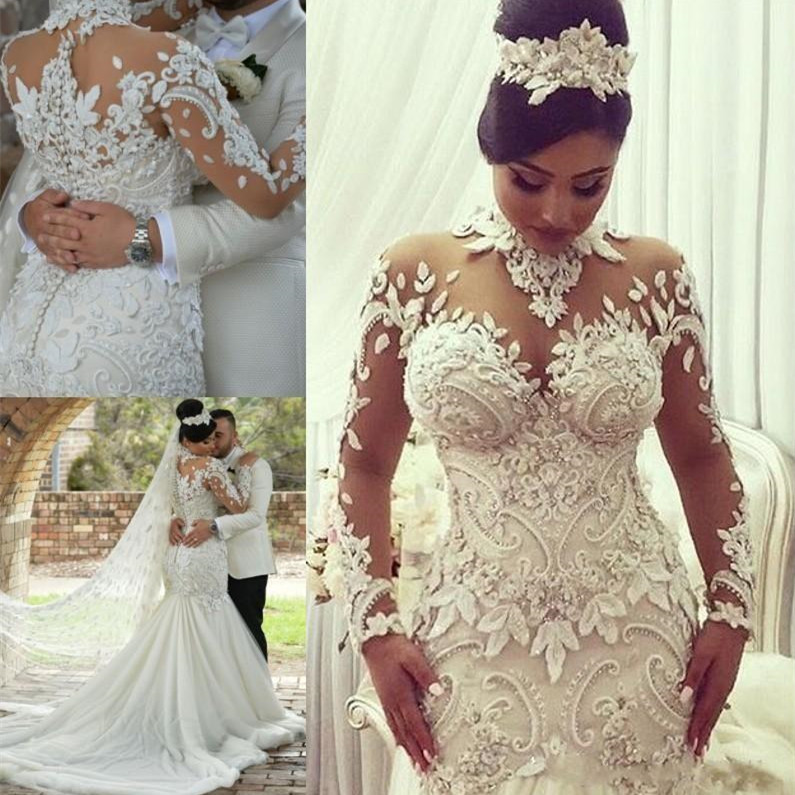 Sexy Mermaid Lace Wedding Dresses | Gorgeous Long Sleeve High-Neck Bridal Gown-newarrivaldress