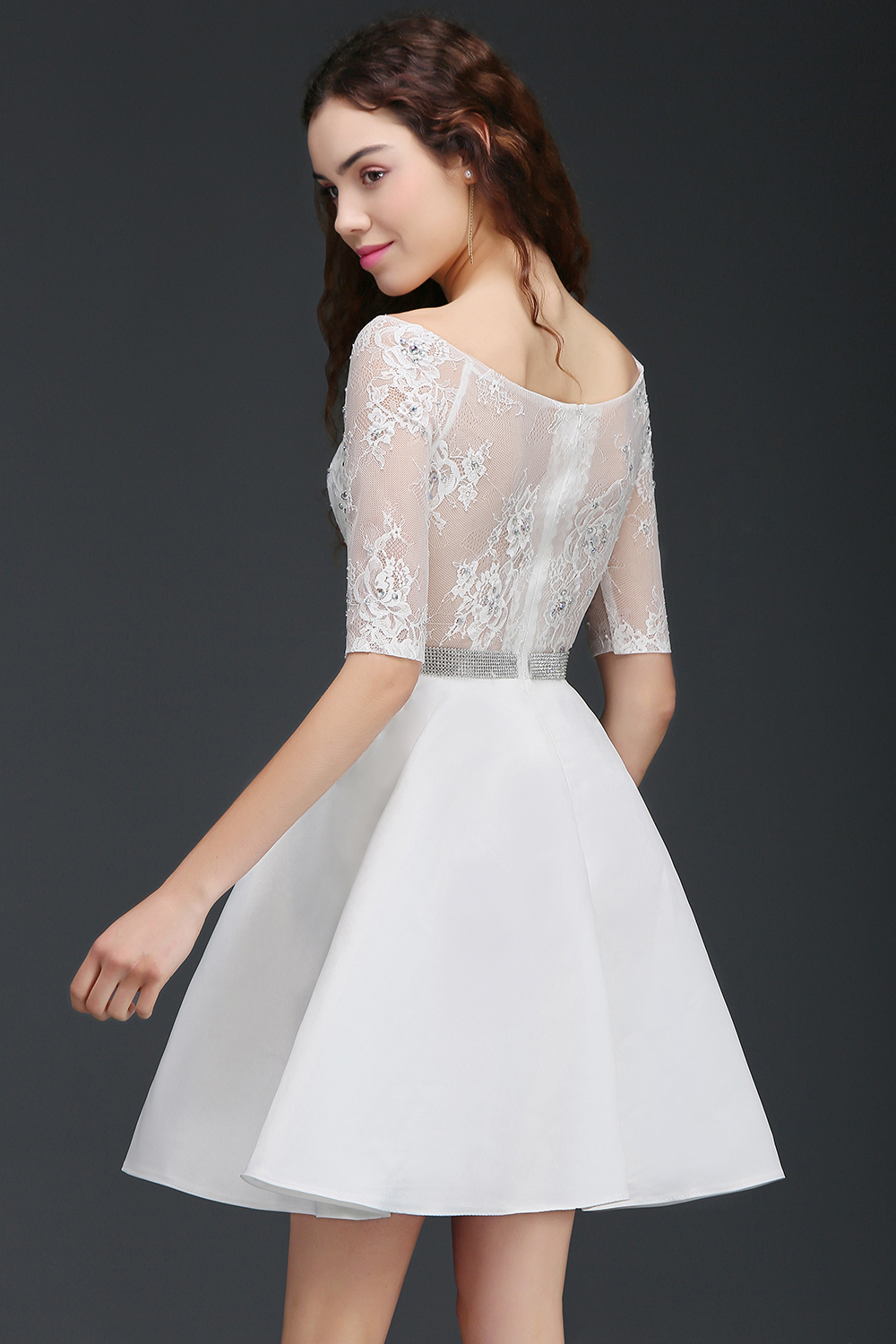 ALICIA | A Line Jewel White Short Sleeve Satin Homecoming Dresses With Lace-newarrivaldress