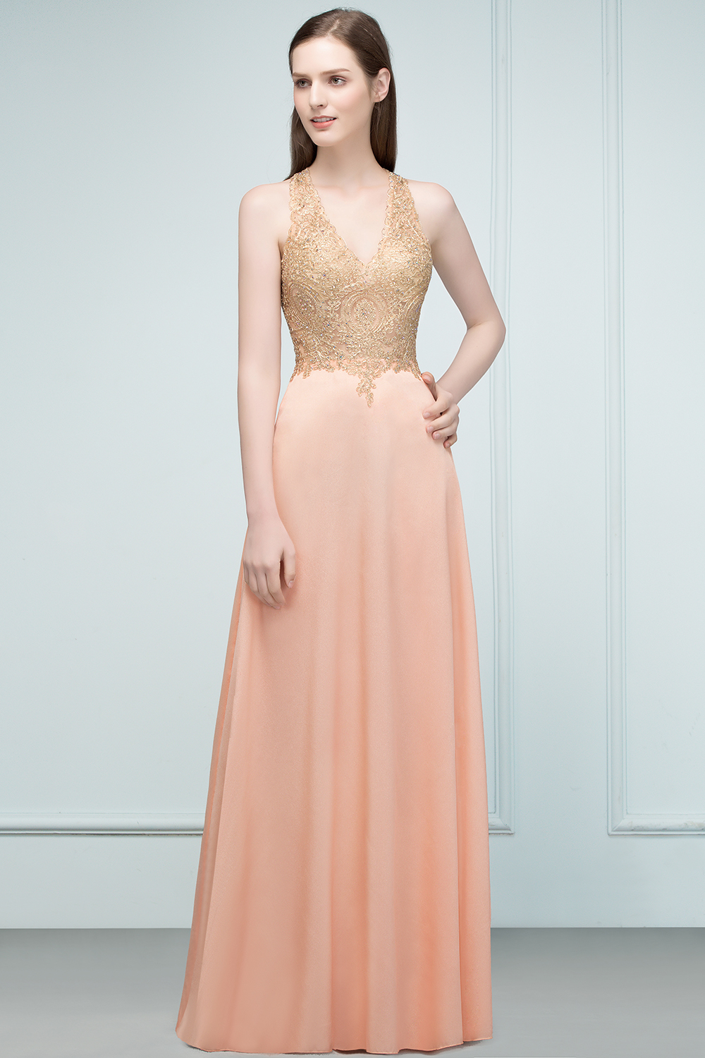 JULIETA | A-line Floor Length V-neck Sleeveless Appliques Chiffon Prom Dresses-newarrivaldress