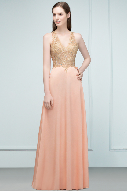 JULIETA | A-line Floor Length V-neck Sleeveless Appliques Chiffon Prom Dresses-newarrivaldress