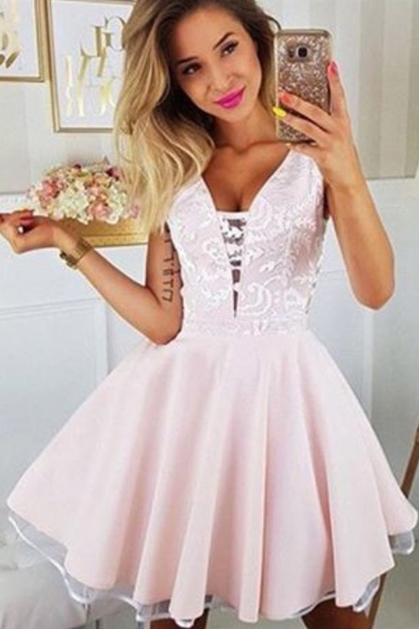 Sexy Deep V Neck White Appliques Homecoming Dress | Sleeveless Short Pink Homecoming Dress-newarrivaldress