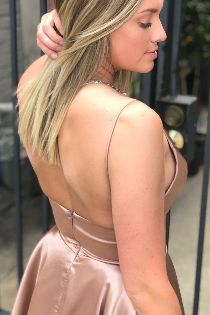 Sleeveless V-Neck Satin Short Party Dress Simple V-Neck Knee Length Dress with Pockets-newarrivaldress