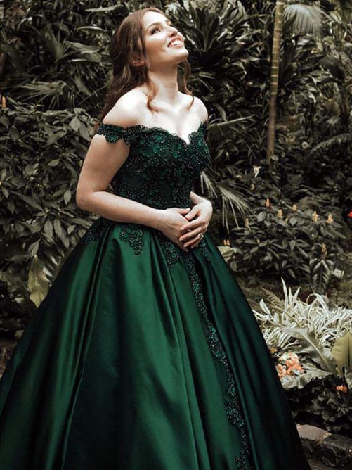 Elegant Dark Green Puffy Prom Dresses | Off-The-Shoulder Ball Gown Quinceanera Dresses-newarrivaldress