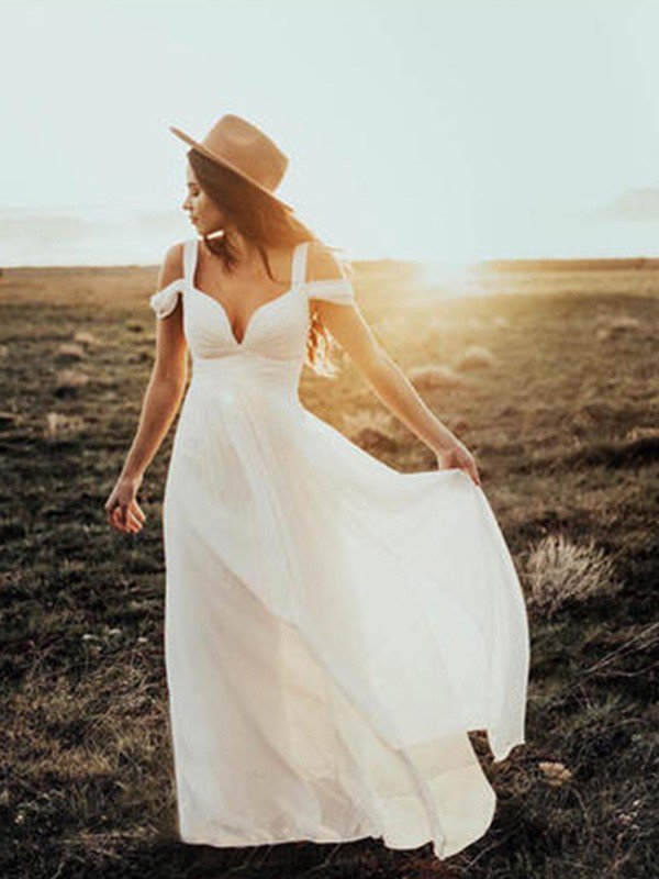 Short Sleeves Ruffles V-neck Straps Bridal Gowns | Floor Length Chiffon Sexy Wedding Dresses-newarrivaldress