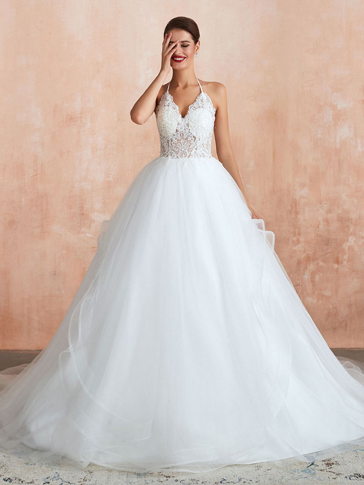 Wedding Dress 2021 Ball Gown Halter Sleeveless Floor Length Lace Tulle Bridal Gowns With Train-newarrivaldress
