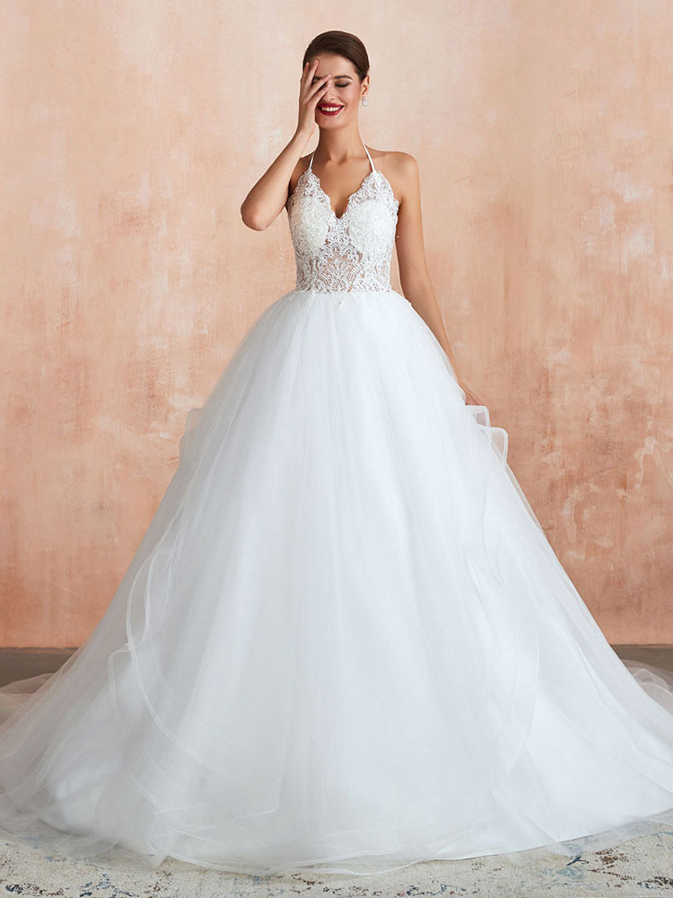Wedding Dress 2021 Ball Gown Halter Sleeveless Floor Length Lace Tulle Bridal Gowns With Train-newarrivaldress