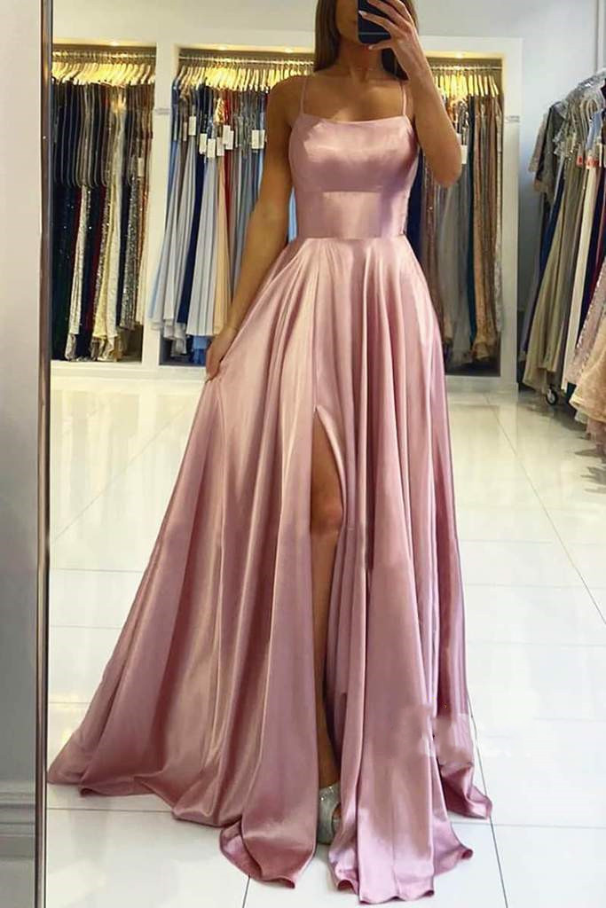 Charming Spaghetti Straps Satin Maxi Evening Dress with Side Slit Sleeveless Gown-newarrivaldress