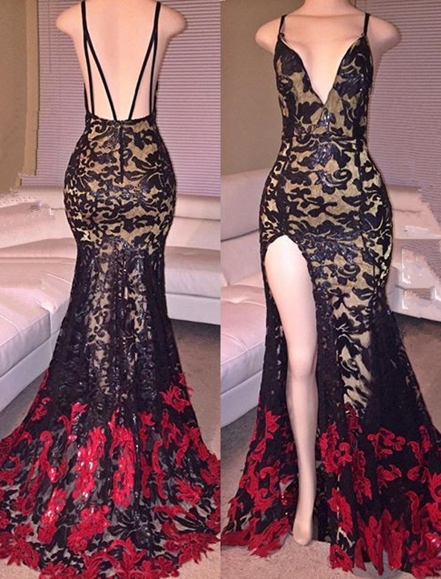Side Slit Black Mermaid Spaghetti Straps Lace Red Long Prom Dresses-newarrivaldress