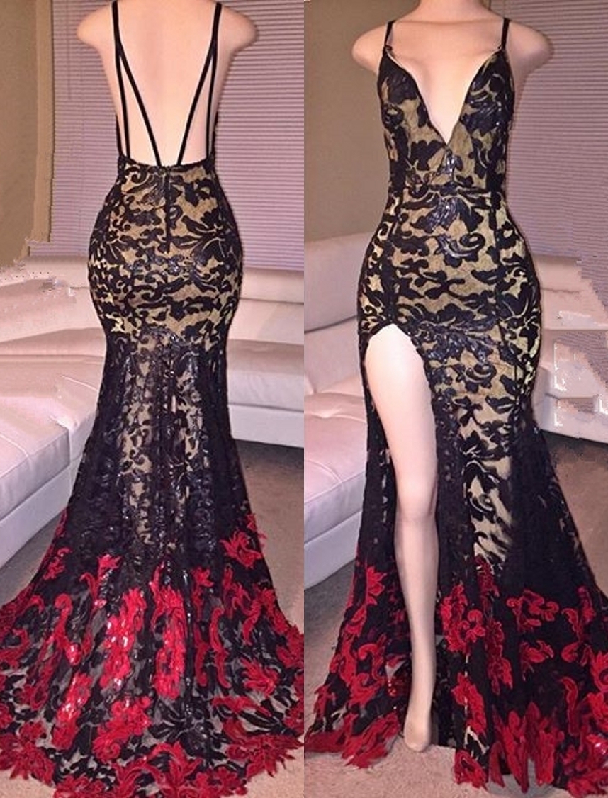 Side Slit Black Mermaid Spaghetti Straps Lace Red Long Prom Dresses-newarrivaldress