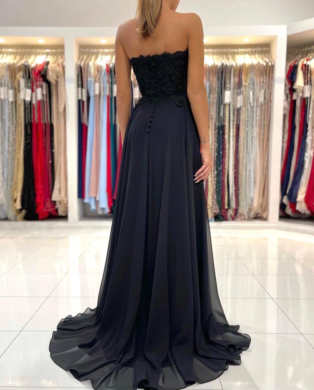 Sweetheart Black Prom Dress Side Slit Sleeveless Chiffon Party Dress-newarrivaldress