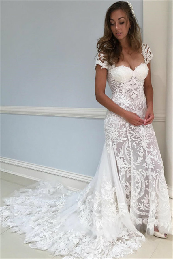 Lace Appliques Lace Wedding Dresses | See Through Cap Sleeves Bridal Gowns-newarrivaldress