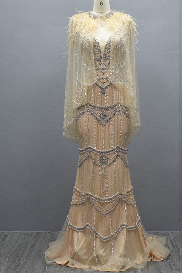 Gorgeous Deep V-Neck Sequins Beadings Long Mermaid Prom Dress with Shawl