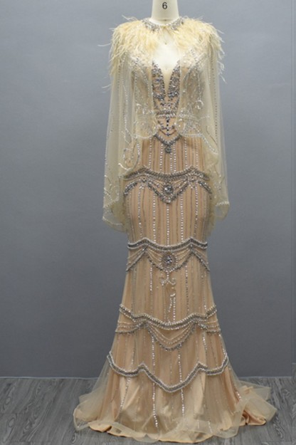 Gorgeous Deep V-Neck Sequins Beadings Long Mermaid Prom Dress with Shawl