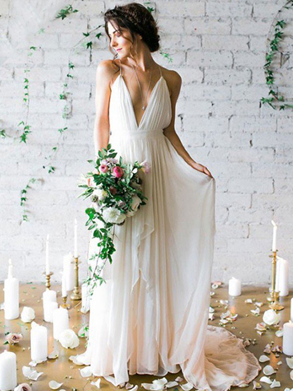 Sweep Train A-Line Sleeveless Bridal Gowns | Ruffles Chiffon Spaghetti Straps Wedding Dresses Sexy