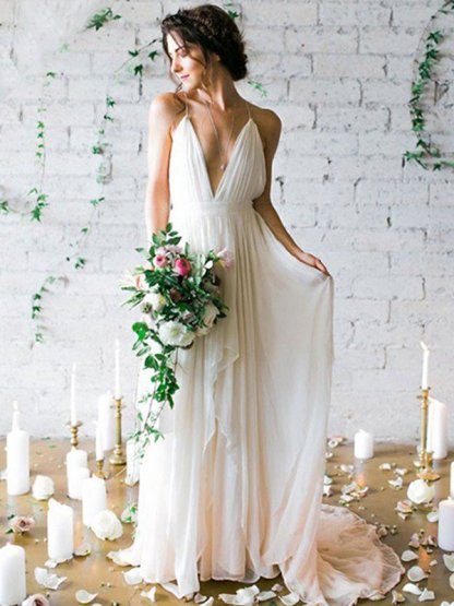 Sweep Train A-Line Sleeveless Bridal Gowns | Ruffles Chiffon Spaghetti Straps Wedding Dresses Sexy