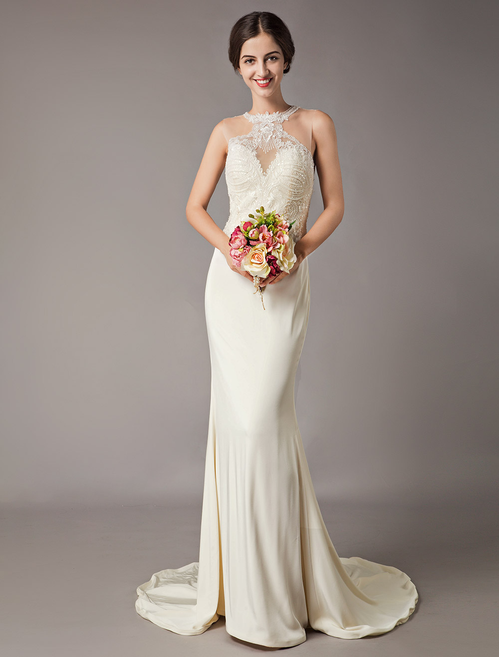 Wedding Dresses Ivory Lace Sleeveless Illusion Sheath Column Bridal Gowns With Train-newarrivaldress
