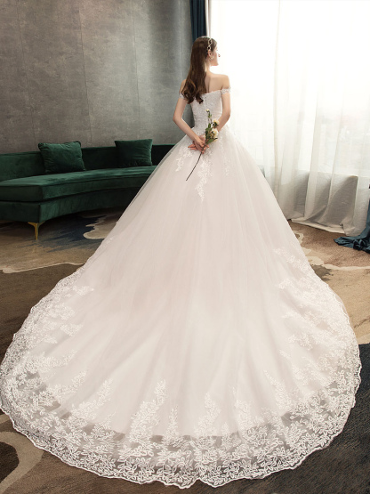 Lace Wedding Dresses Ivory Lace Applique Off The Shoulder Short Sleeve Princess Bridal Gown With Train-newarrivaldress