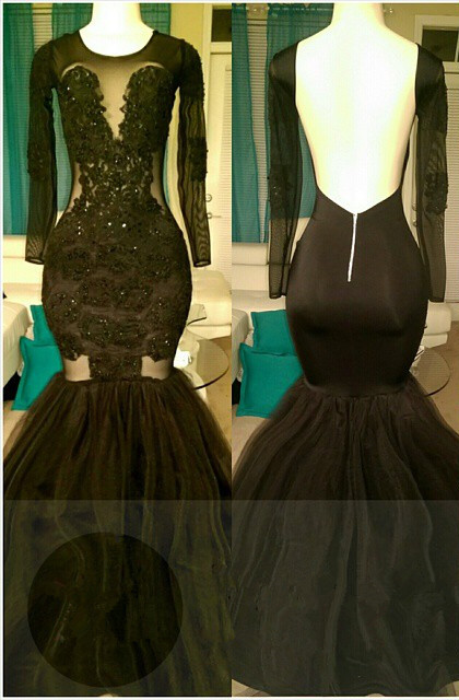 Open Back Mermaid Black Long Prom Dresses for Juniors | Long Sleeve Plus Size Tulle Formal Evening Gowns bc1324-newarrivaldress